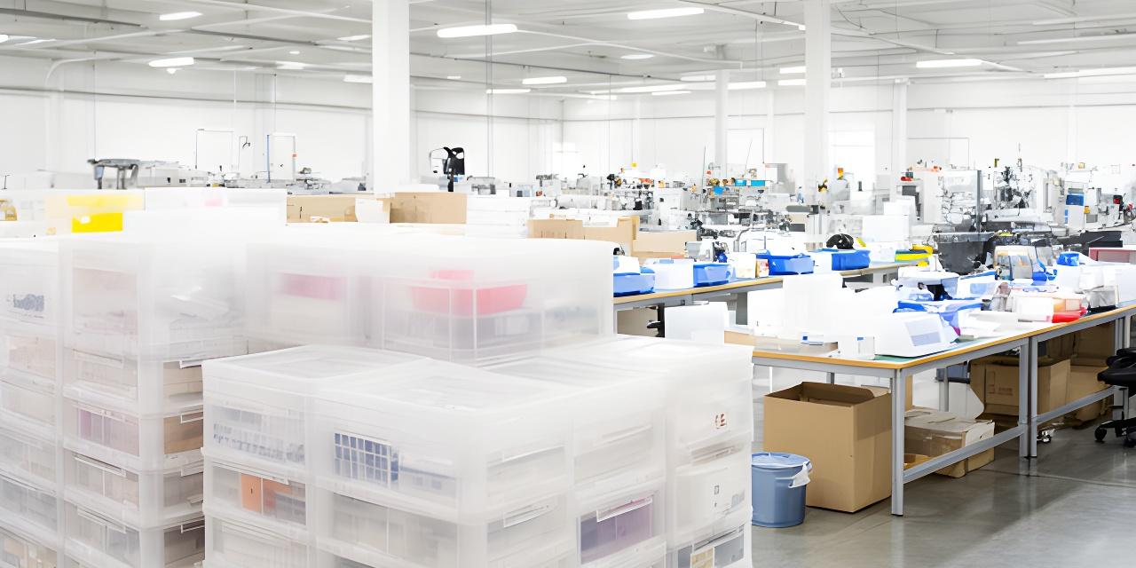 Hell ausgeleuchtete Produktionshalle mit stapelbaren Kunststoffboxen und sauber eingerichteten Arbeitsplätzen